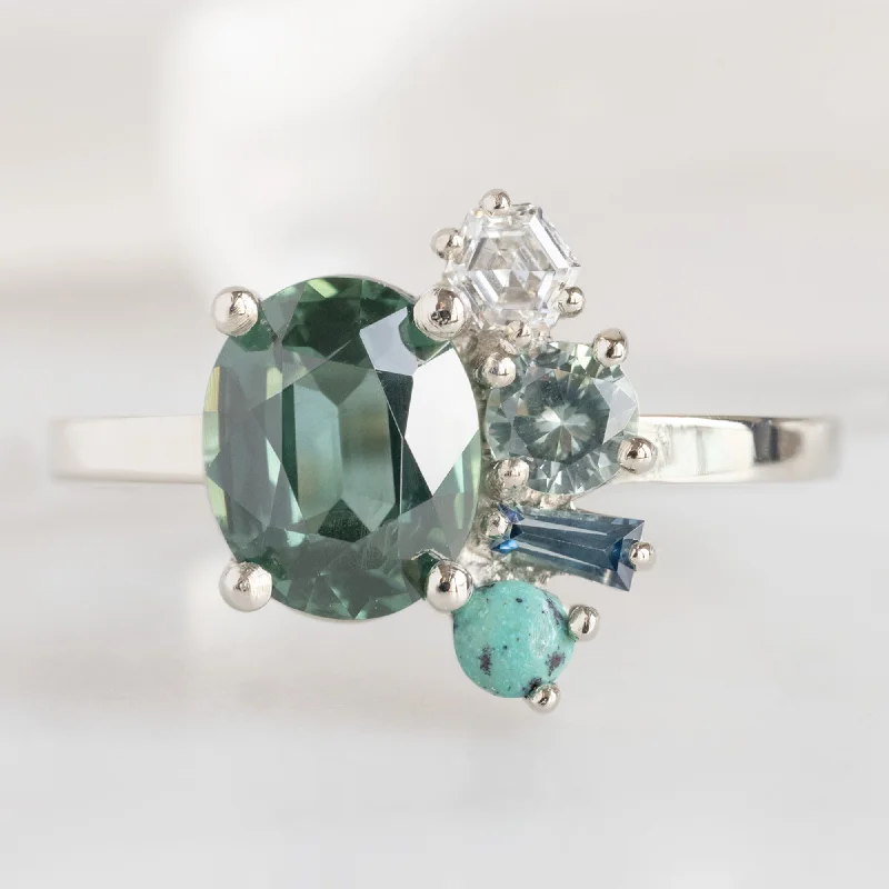 wedding ring options-The Watercolor Cluster Ring | 1.53ct Oval Green Sapphire in 14K White Gold