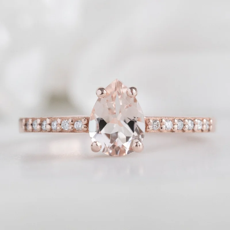 custom wedding rings-The Willow Ring | 0.58ct Pear Cut Morganite in 14K Rose Gold