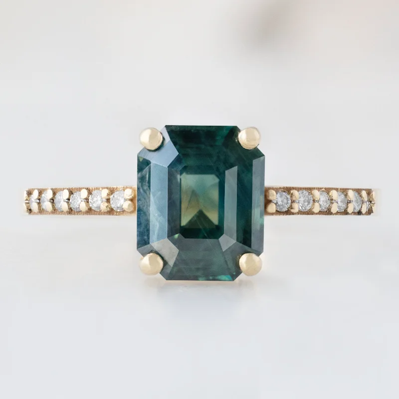 custom silver rings-The Willow Ring | 2.00ct Emerald Cut Teal Sapphire in 14K Yellow Gold