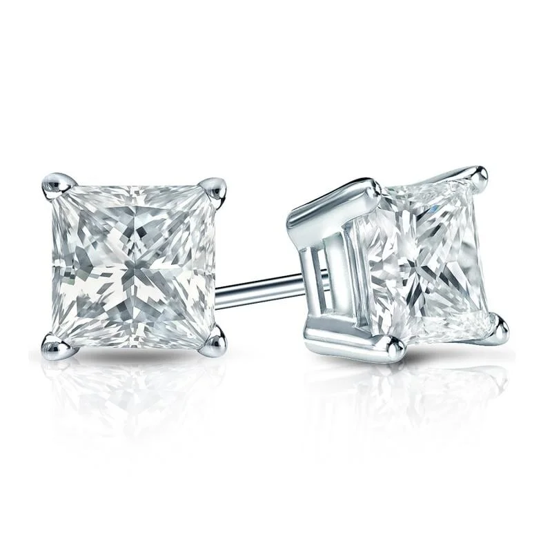 oversized crystal earrings for evening wear -Auriya Plat Gold Lab Grown 1.25 carat TDW Princess Diamond Stud Earrings 4-Prong Basket Screw-back