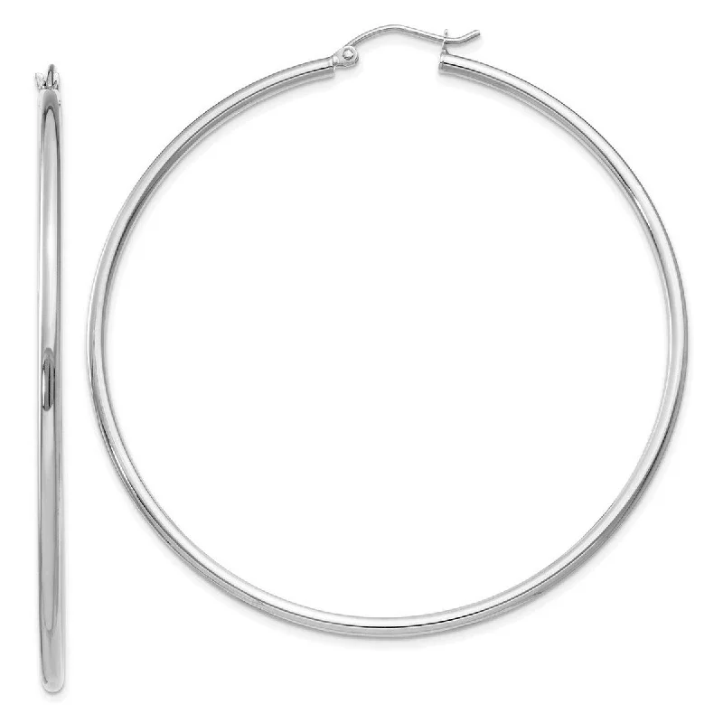 leather and metal earrings for edgy style -Curata 14k White Gold Polished 2x60mm Round Hoop Earrings