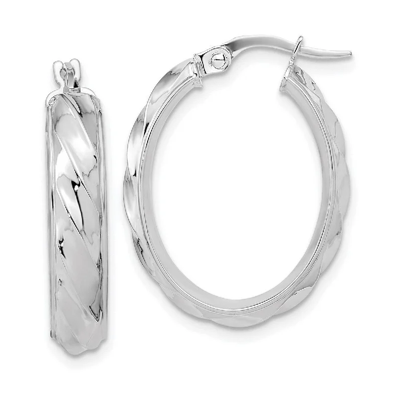 pearl drop earrings for bridal accessories -Curata 14k White Gold Polished and Twisted 25.4x4.75mm Oval Hoop Earrings