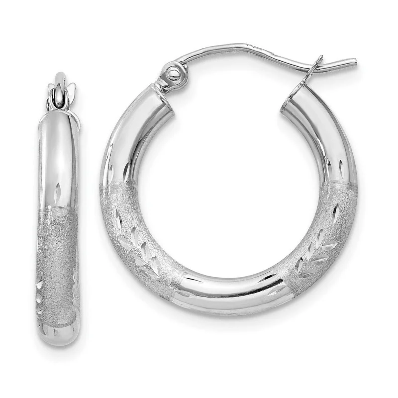 contemporary silver earrings for minimalist chic -Curata 14k White Gold Satin Diamond-Cut 3x15mm Round Hoop Earrings