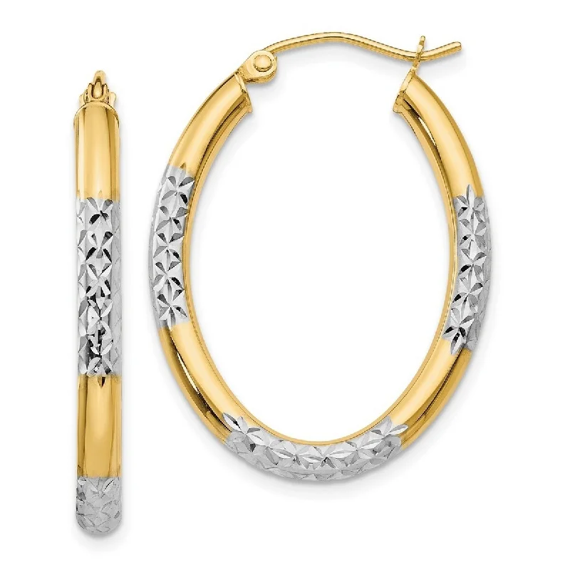 gold chain earrings for trendy styles -Curata 14k Yellow Gold 32x3mm Rhodium Sparkle Cut Oval Hoop Earrings