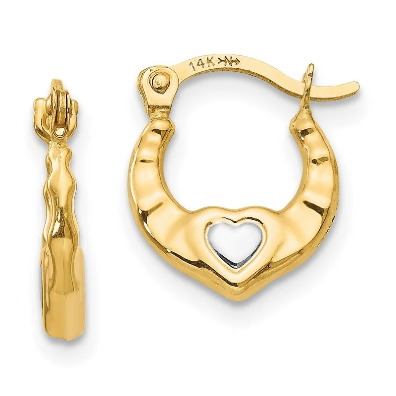 neon earrings for bold fashion statements -Curata 14k Yellow Gold and Rhodium Love Heart Hoop Earrings - 12x10mm Wide 2mm Thick