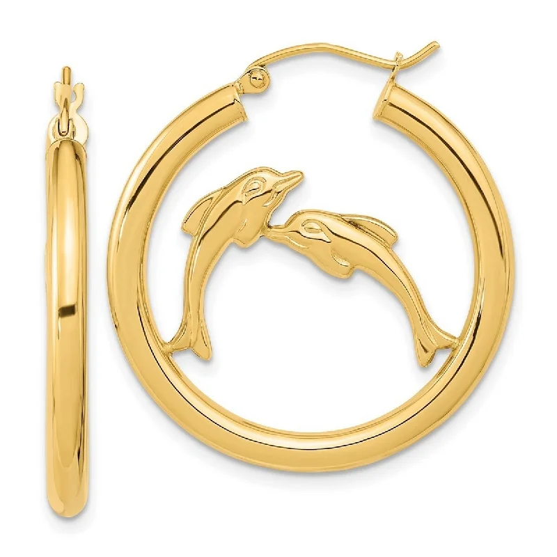 luxurious black earrings for a chic vibe -Curata 14k Yellow Gold Polished Dolphins Hoop Earrings 32.52x2.91mm