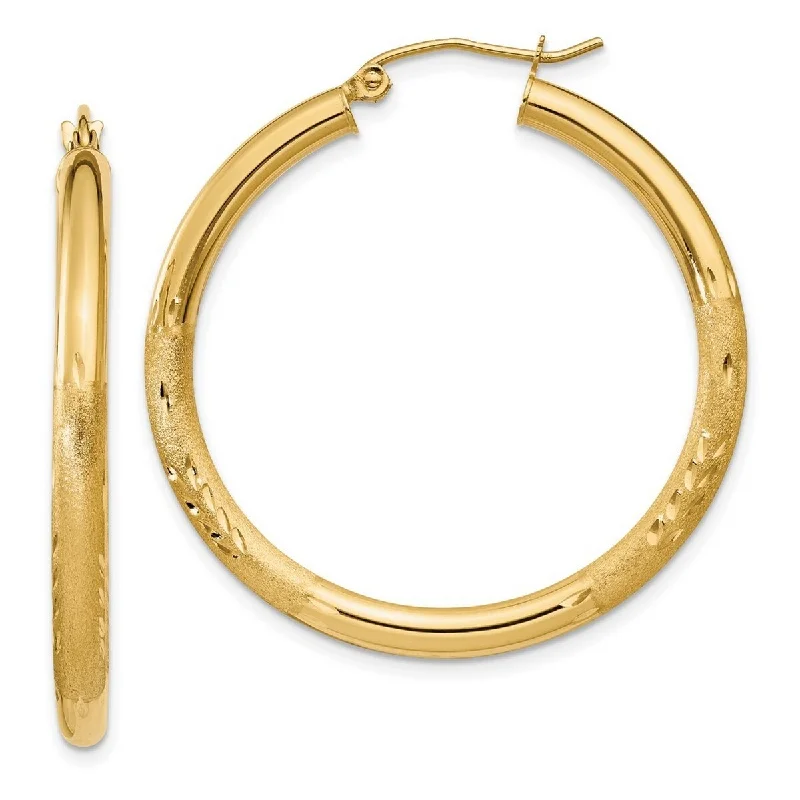 simple gold earrings for everyday wear -Curata 14k Yellow Gold Satin and Sparkle Cut 35x3mm Round Hoop Earrings