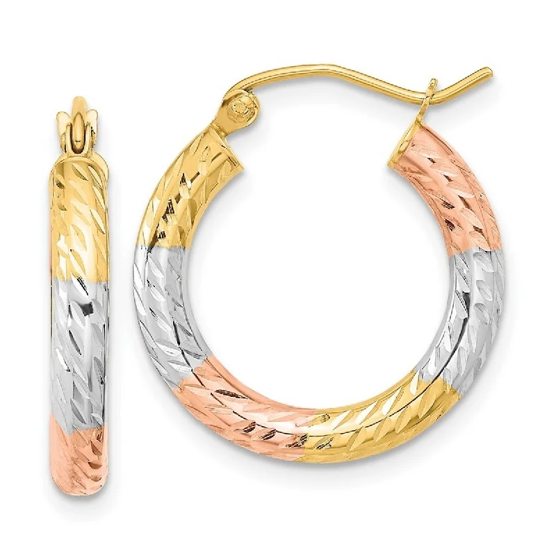 silver earrings with gemstone accents -Curata 14k Yellow Gold With White and Rose Rhodium Sparkle Cut Swirl Hoop Earrings 20.8x2mm