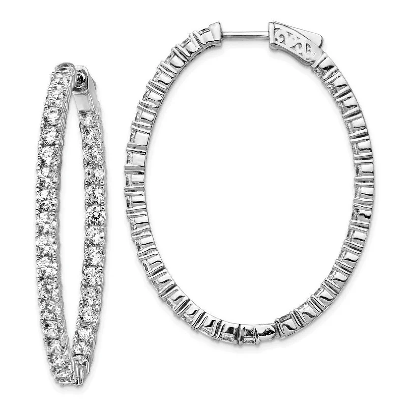 sleek stainless steel earrings for modern appeal -Curata 925 Sterling Silver Polished Hinged hoop Safety clasp Rhodium Plated With CZ Cubic Zirconia Simulated Diamond Hinged Oval