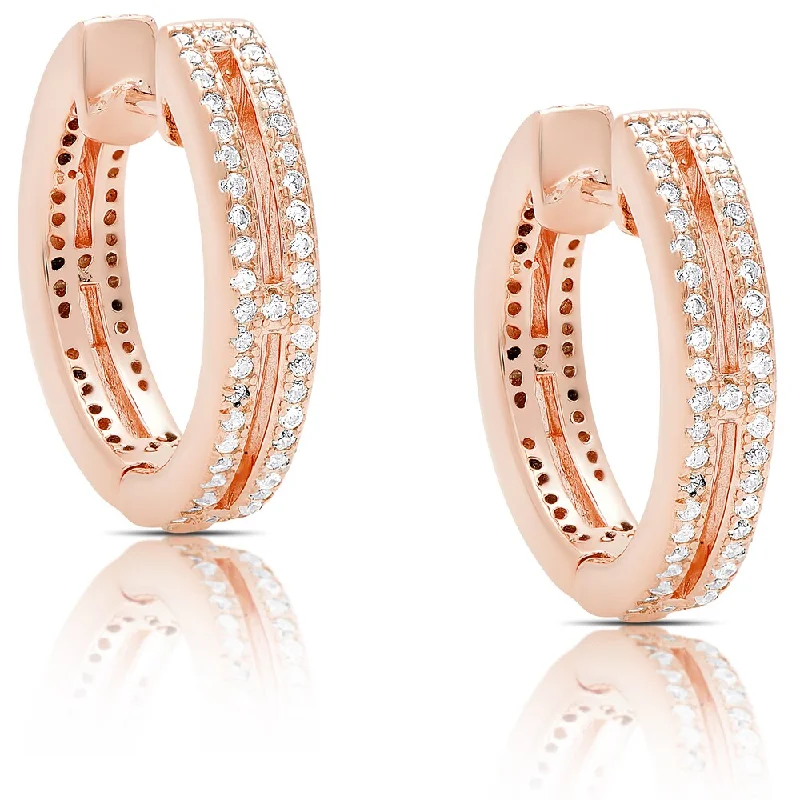 luxury pearl earrings for high-end fashion -Dolce Giavonna Rose Gold Over Silver or Sterling Silver Cubic Zirconia Hoop Earrings