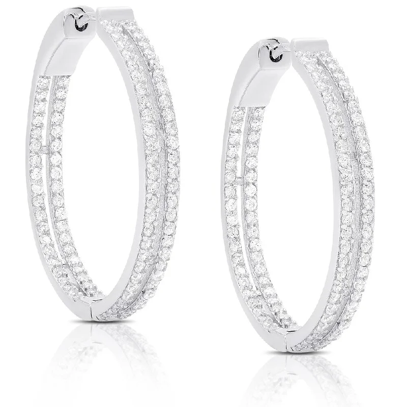 stylish silver hoop earrings for women -Dolce Giavonna Sterling Silver Cubic Zirconia Two Row Hoop Earrings