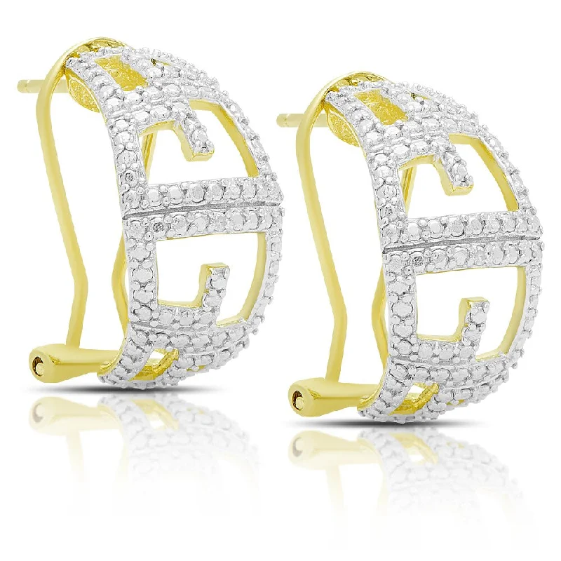 luxury pearl earrings for high-end fashion -Finesque Gold Overlay Diamond Accent Greek Key Design Hoop Earrings