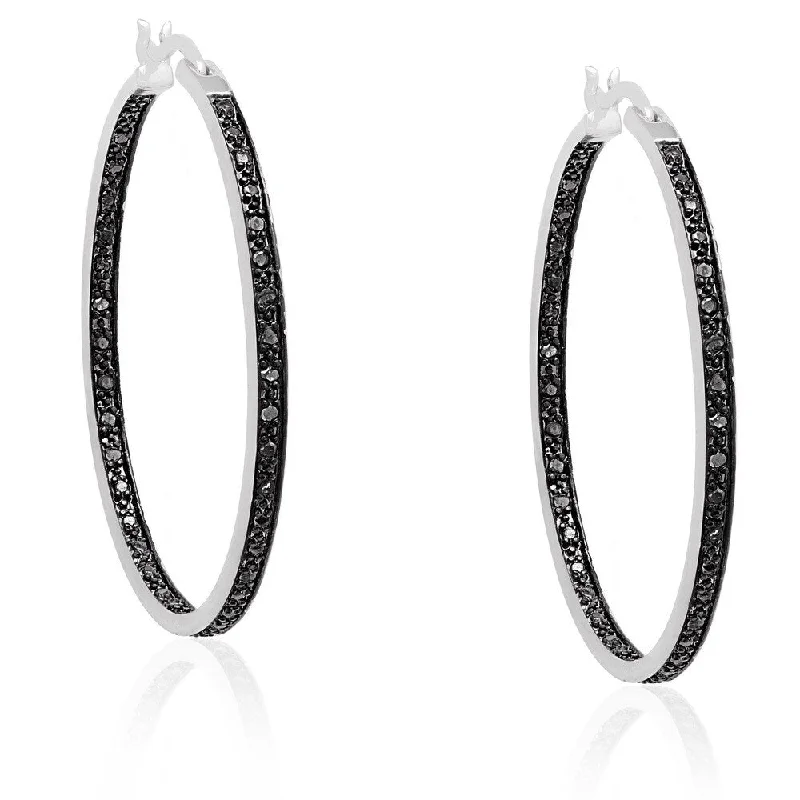 gold thread earrings for sophisticated style -Finesque Silverplated Black Diamond Hoop Earrings