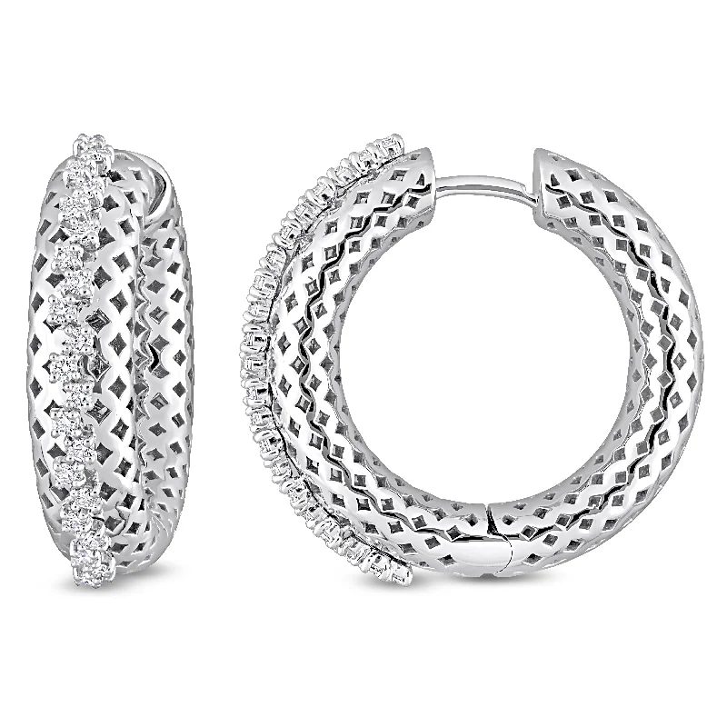 sparkling crystal earrings for glamourous nights -Miadora 14k White Gold 2/5ct TDW Diamond Textured Hoop Earrings