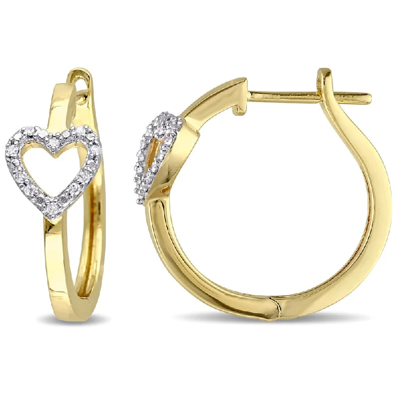 sparkly diamond stud earrings for elegance -Miadora Yellow Plated Sterling Silver 1/10ct TDW Diamond Hoop Heart Earrings - White