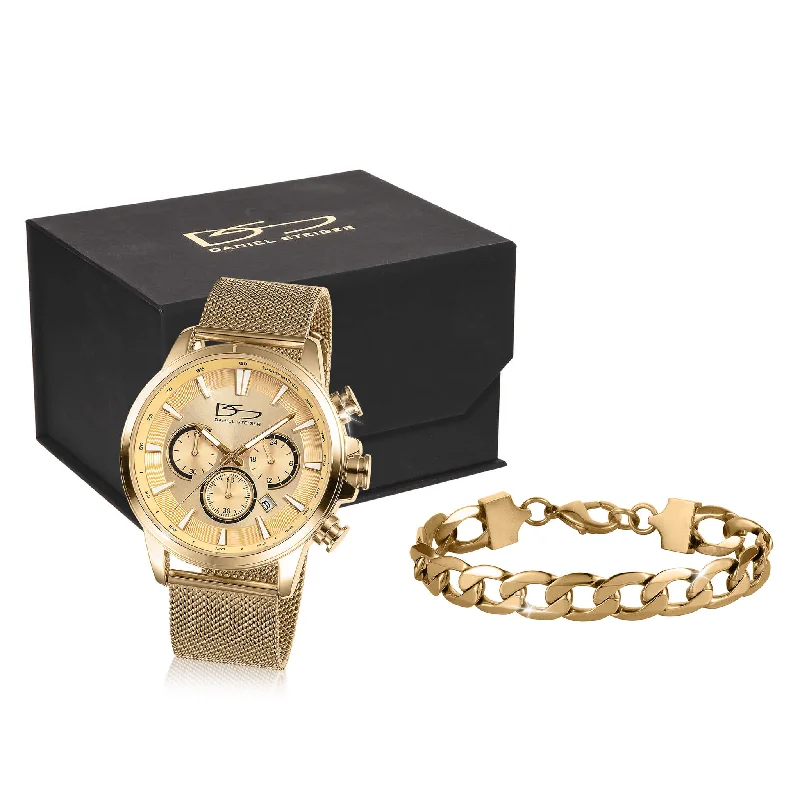 affordable leather strap watches for men -Golden Signature Watch & Bracelet Gift Set