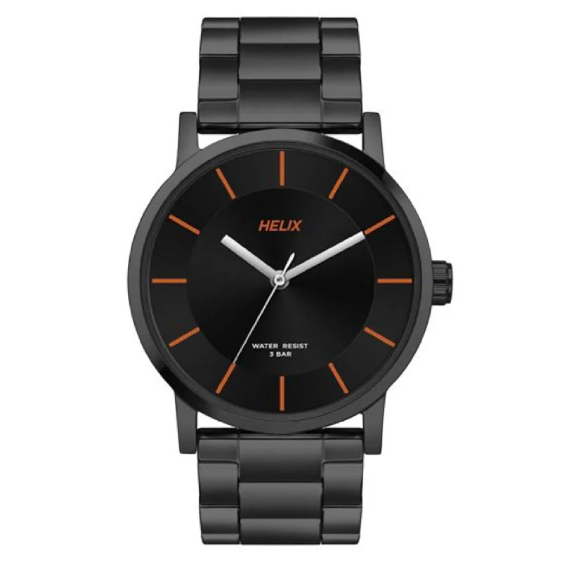 luxury watches with leather strap -Helix Analog Men Black Dial Stainless Steel Strap