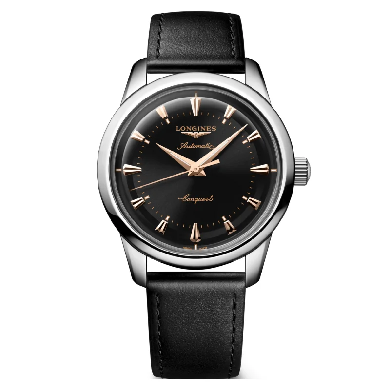 classic men’s watches for formal wear -Longines Conquest Heritage Black Lacquered Polished Dial Men 40mm