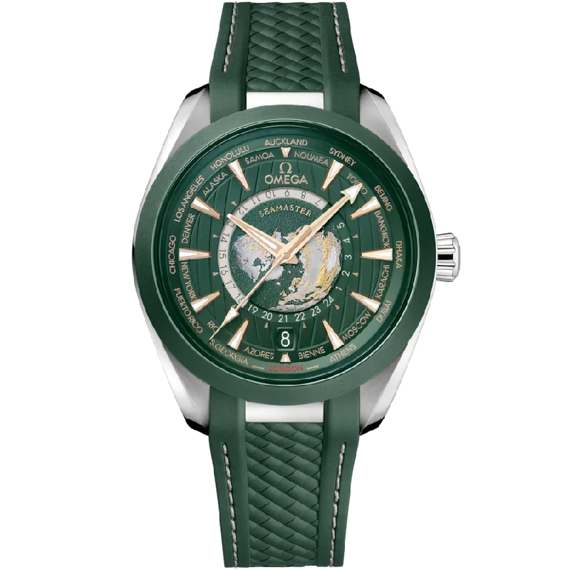 premium smartwatch for athletes -Omega Seamaster Aqua Terra 150M Co‑Axial Master Gmt Worldtimer Green Dial Men 43MM