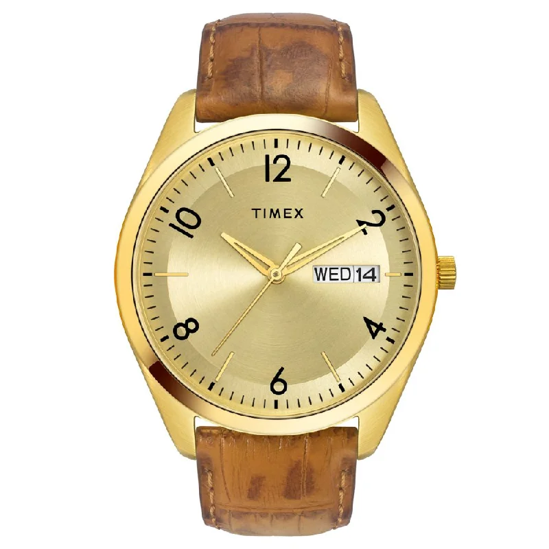 sport digital watches with stopwatch function -Timex Men Champagne Round Analog Brass Dial Watch- TWTG10400