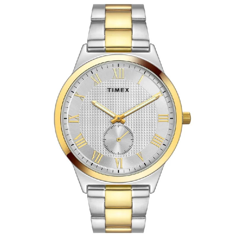 luxury watches for men -Timex Men Silver Round Analog Brass Dial Watch- TWTG10007