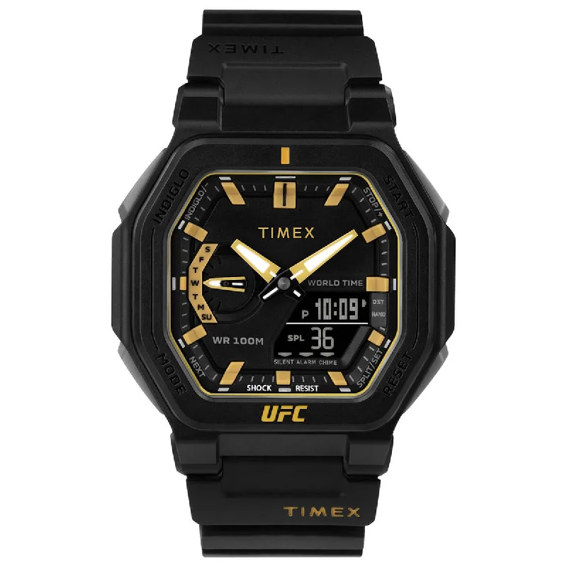 sporty women’s watches for daily use -Timex UFC Strength Collection Premium Quality Men's Quartz Analog/Digital Black Dial Coloured Quartz Watch, Octogonal Dial With 45 Mm Case Width - TW2V55300X6