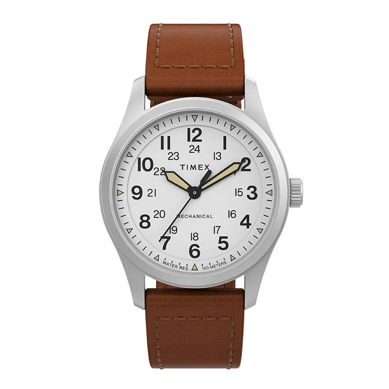 stainless steel watches with simple design -North Field Post Mechanical Hand-wound 38mm Leather Band