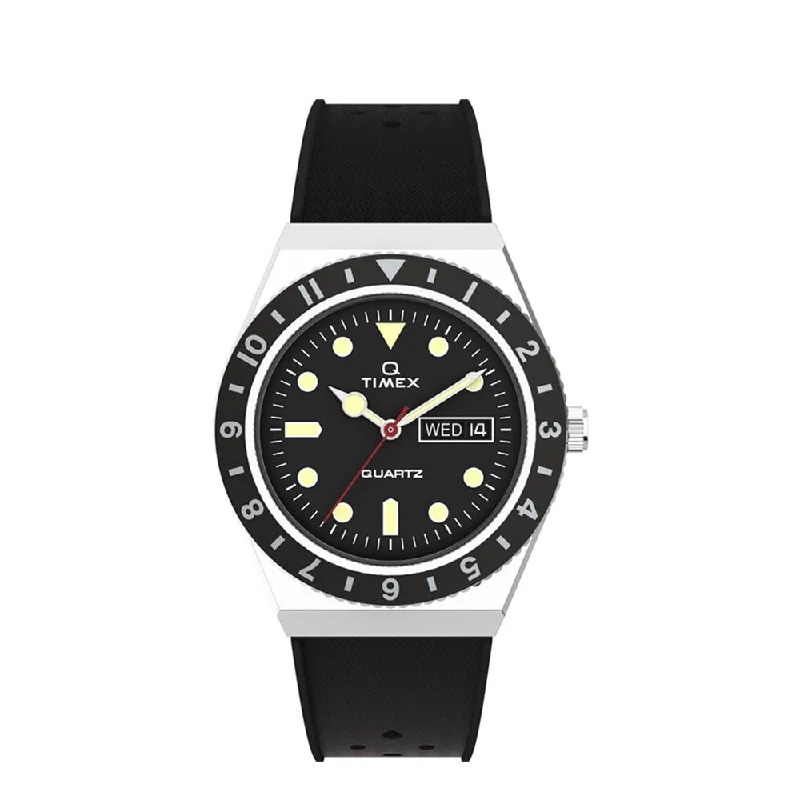 stylish watches for couples -Q Timex Diver Date 38mm Rubber Band