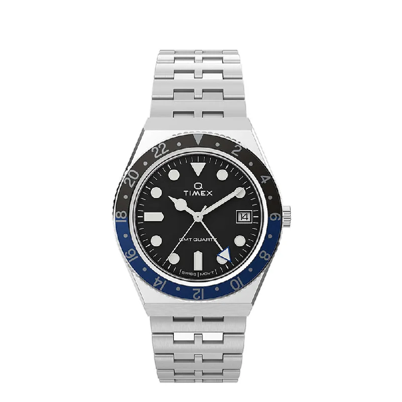 minimalist watches for men -Q Timex Diver GMT  38mm Stainless Steel Band