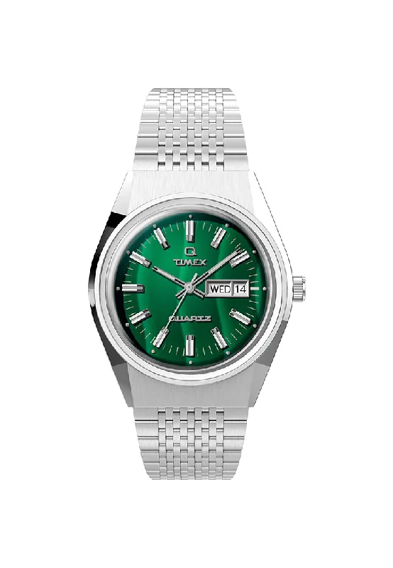 analog watches for men with date function -Q Timex Reissue Day-Date 38mm Stainless Steel Band