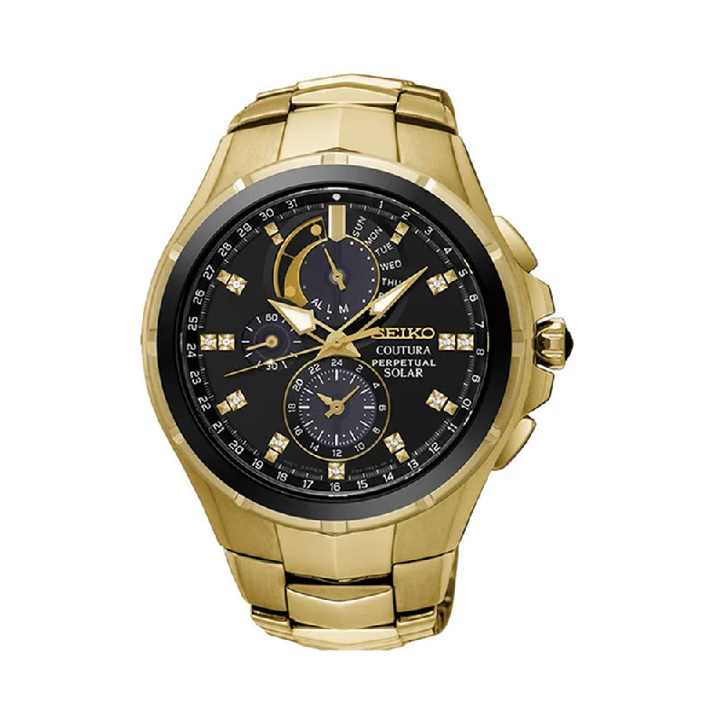 watches with leather strap and gold accents -SEIKO SSC572P1 Coutura Chronograph Watch For Men