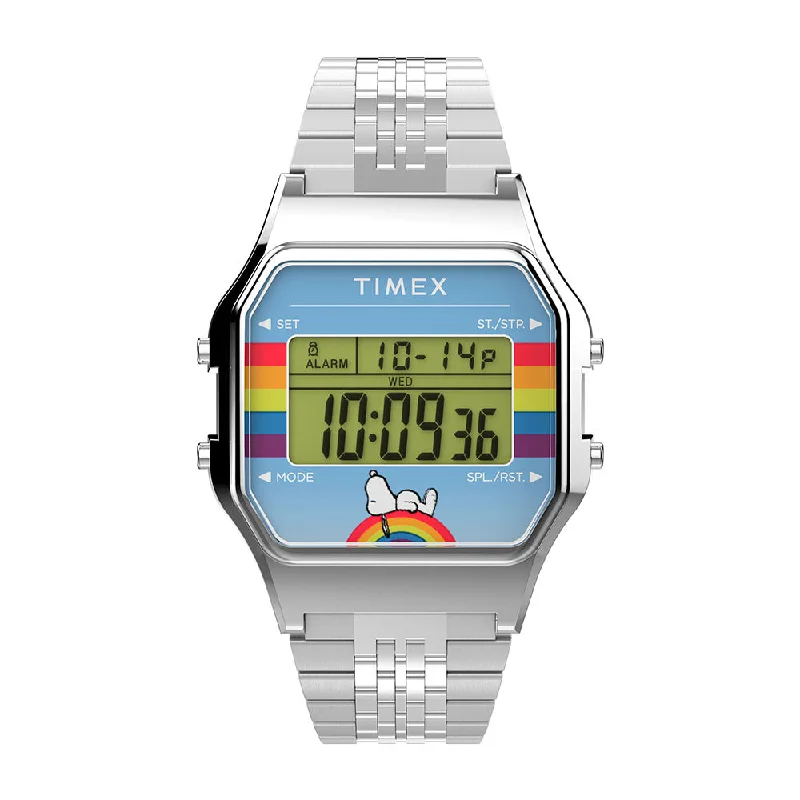 best watches for cycling -Timex T80 x Peanuts Dream In Color Digital 34mm Stainless Steel Band